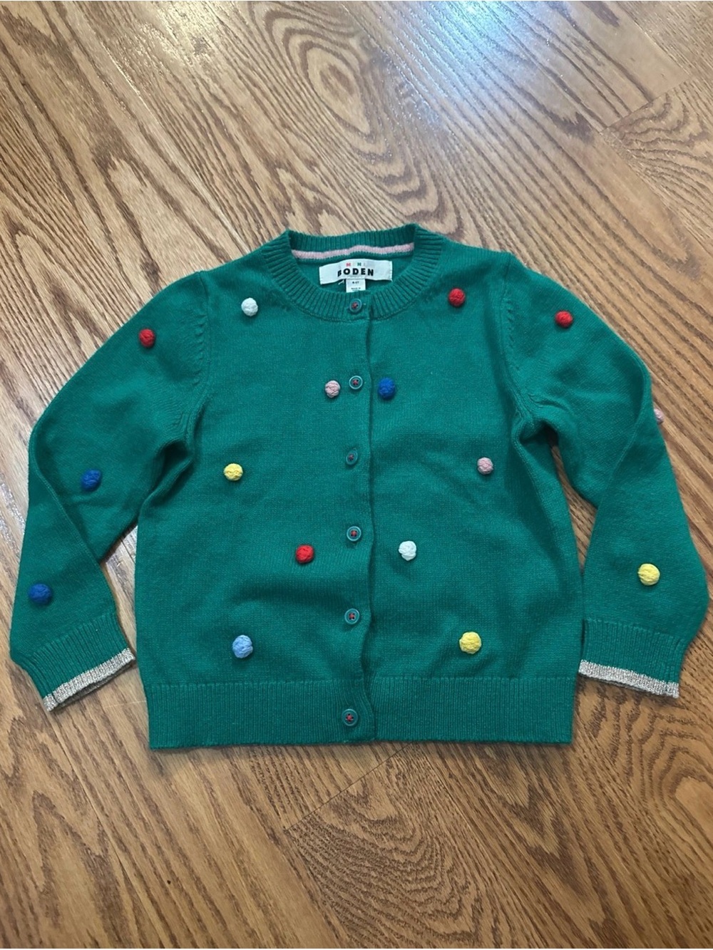Mini Boden Green Pom Pom Cardigan Sweater Girls Size 4-5Y